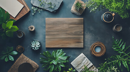 Poster - An overhead view of a mood board, combining materials like greenery, stone, and wood