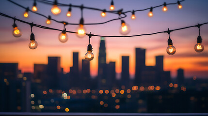 Canvas Print - An urban rooftop with city lights, a string of bulbs hanging overhead against the backdrop of the downtown Los Angeles skyline at dusk