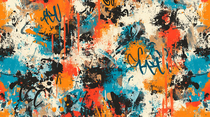 Poster - Seamless background featuring a colorful abstract graffiti art pattern, with a mix of spray paint splatters, street style doodles, and urban artistic expressions