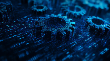 Poster - Blue gear faded outline on digital background with binary code and abstract tech elements for technology or machine concept