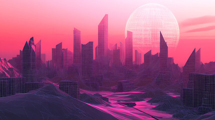 Aufkleber - Futuristic Digital Landscape with Wireframe Background