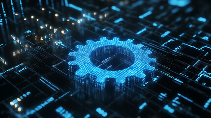 Poster - blue gear faded outline on digital background with binary code and abstract tech elements for techno