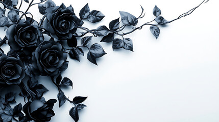Poster - Black roses with ivy, vines and thorns on white, romance concept illustration