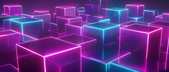 Fototapete - A vibrant, abstract scene of glowing neon cubes in a digital landscape.