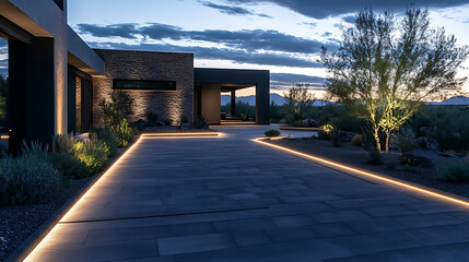 Poster - The driveway of an upscale home in Arizona at dusk, with LED lights illuminating the paved area leading to the front door