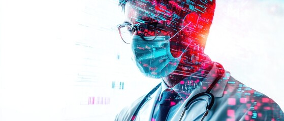 Poster - A healthcare professional in a mask, surrounded by digital data, symbolizing medical innovation.