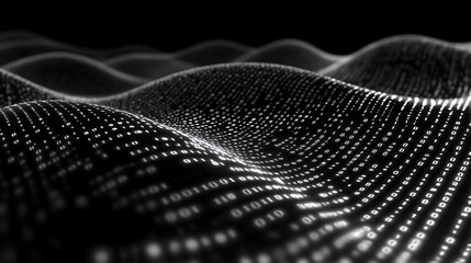 Aufkleber - Cinematic dark black background with binary code waves The wave pattern is made of white numbers on the surface