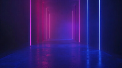 Aufkleber - Dark blue background with neon light, glowing lines, blue and purple light stripes on the sides of an empty room, dark background with copy space