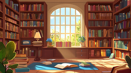 Poster - Wooden bookshelves filled with knowledge set the scene for a journey of education and discovery in this library illustration