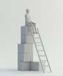 © Cedric - Mensch sitzt auf einer Treppe aus Kisten, Aufstieg nach oben symbol, Karriereleiter