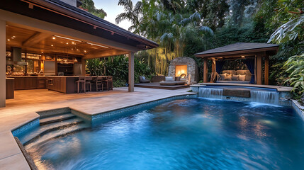 Poster - Kitchen, Gazebo, and Freeform Pool in the Backyard Design