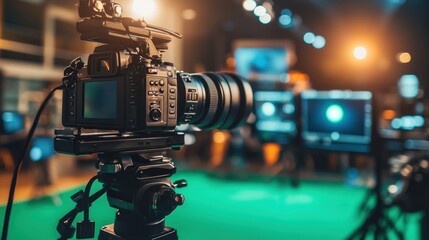 Poster - A professional camera setup in a studio environment with screens and lighting.