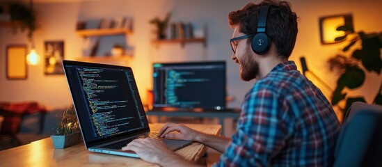 Poster - A person coding on a laptop in a cozy, well-lit room with a second monitor.