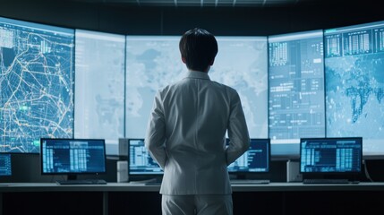 Poster - a person in a white suit stands before multiple screens displaying data and maps.