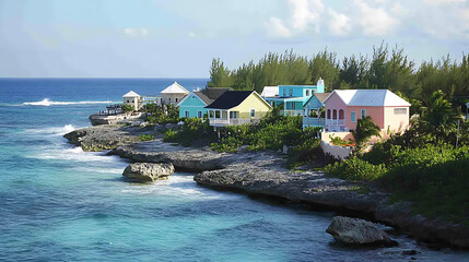Poster - Nassau's coastline is adorned with colorful homes, presenting a picturesque view in the Bahamas