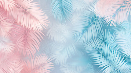 Poster - Palm leaves, summer background with gradient color, pastel blue and pink colors, tropical leaf pattern