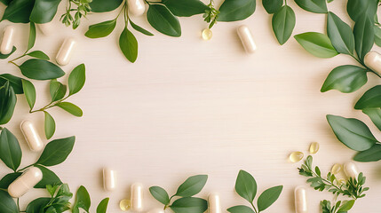 Poster - Natural vitamins supplement on white background with green leaves on light wood background, Soft gel capsule