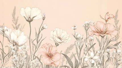 Poster - Line art banner template with botanical elements, pastel pink and beige colors, simple design for social media background or web layout design