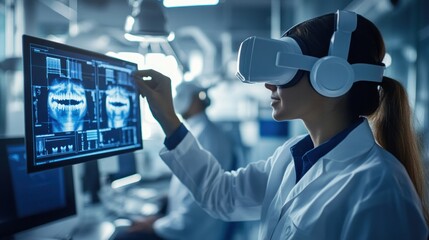 Poster - A scientist using virtual reality to analyze medical images in a lab setting.
