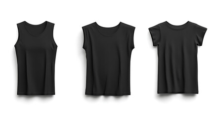 Aufkleber - Set of black sleeveless t-shirts with a round neck, tank singlet, and front, back, and side views on a white background, A mockup template for graphic design artwork, 3D rendering