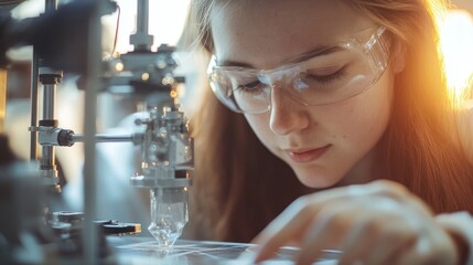 Poster - A young woman focused on scientific work in a laboratory setting.