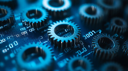 Fototapete - Broken chain breaking the blockchain on a blue background with binary code and symbols of a network security concept