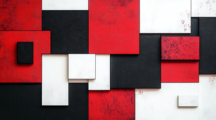 Poster - Red and black squares on a white background, simple geometric shapes