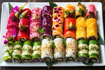 a colorful array of vegan sushi rolls on a platter.