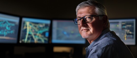 Poster - a focused individual working at multiple computer screens displaying data and graphics.