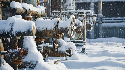 Poster - Winter landscape, Pipes and machinery covered with snow and ice