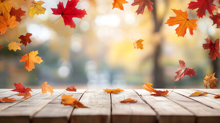 Aufkleber - Wooden table and blurred Autumn background, Autumn concept with red-yellow leaves background