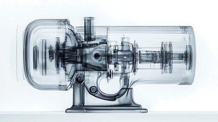 Poster - X-ray image of a water pump in black and white style, layered composition, white background