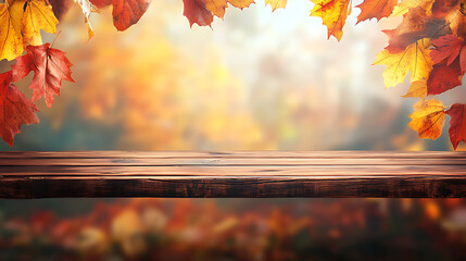 Aufkleber - Wooden table and blurred Autumn background, Autumn concept with red-yellow leaves background