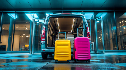 Poster - A minibus with the rear door open in front of an airport terminal, Pink, yellow and silver suitcases sit next to the vehicle as passengers prepare for the trip