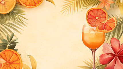 Poster - Tropical cocktail party banner template with an illustration of tropical leaves and orange and pink palm leaves on a beige background