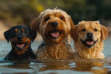 Wall Mural - Three Dogs with Wet Fur Looking Happy in Water