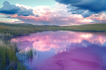 Sticker - A tranquil view of the pink salt lake reflecting clouds during a sunny day in a serene landscape