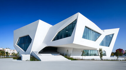 Poster - Modern architecture, white building with geometric shapes and windows, clear blue sky in the background
