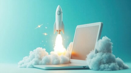 Poster - Rocket Launching from Laptop Screen on Light Blue Background