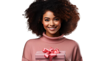 Wall Mural - Cheerful teen black woman beaming with happiness, holding a delightful gift box in her hands, isolated on transparent background.