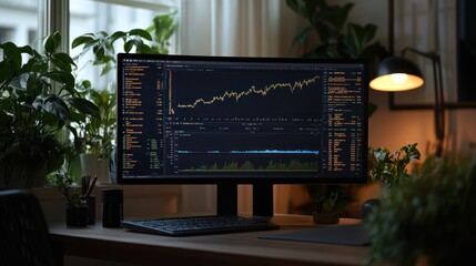 Poster - A workspace featuring a monitor displaying financial charts among indoor plants.