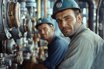 Poster - Male workers conduct thorough inspections at a gas plant during daylight