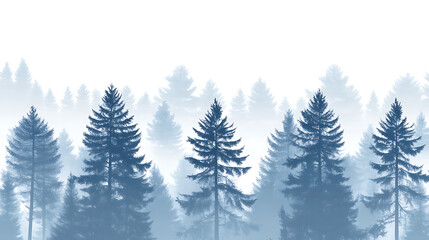 Poster - Pattern of a misty pine forest, with each tree in soft shades of blue and grey against a white background The trees form an ethereal border along the edge