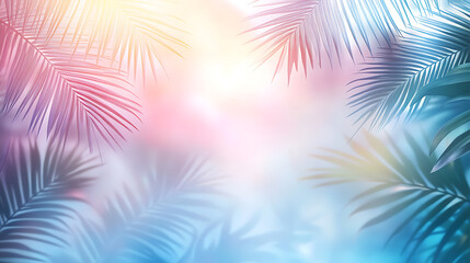 Poster - Abstract background with palm leaves, fronds, tropical foliage in the summer, bright blue and pastel pink colors, gradient effect, sun rays