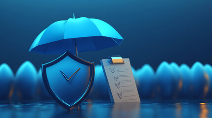 Aufkleber - A 3D business insurance concept rendering features check marks, an umbrella, a shield, and a checklist, symbolizing policy guarantees, healthcare, finance, and medical services