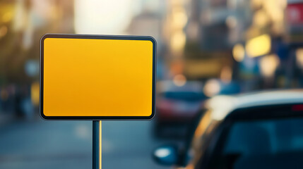 Poster - Yellow blank road sign on blurred background of car driving