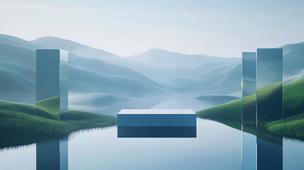 Poster - a podium set against a surreal landscape, featuring a calm water surface, undulating hills, and refl