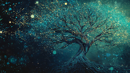 Aufkleber - A digital illustration of a tree with branches seamlessly integrated into a complex cyber data network, symbolizing the fusion of nature and technology
