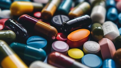 Poster - Numerous colorful pills and capsules are scattered across a dark surface, forming a vibrant and textured backdrop related to healthcare, pharmaceuticals, and medicine
