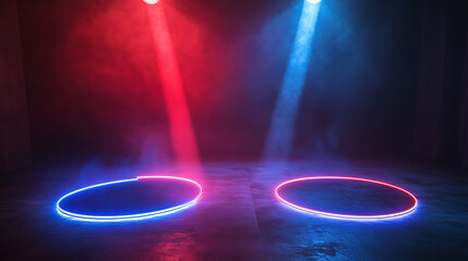 Aufkleber - A versus-themed glowing pedestal with flares, symbolizing a battle or competition concept with red and blue neon glowing circles on the floor and shining projectors from above